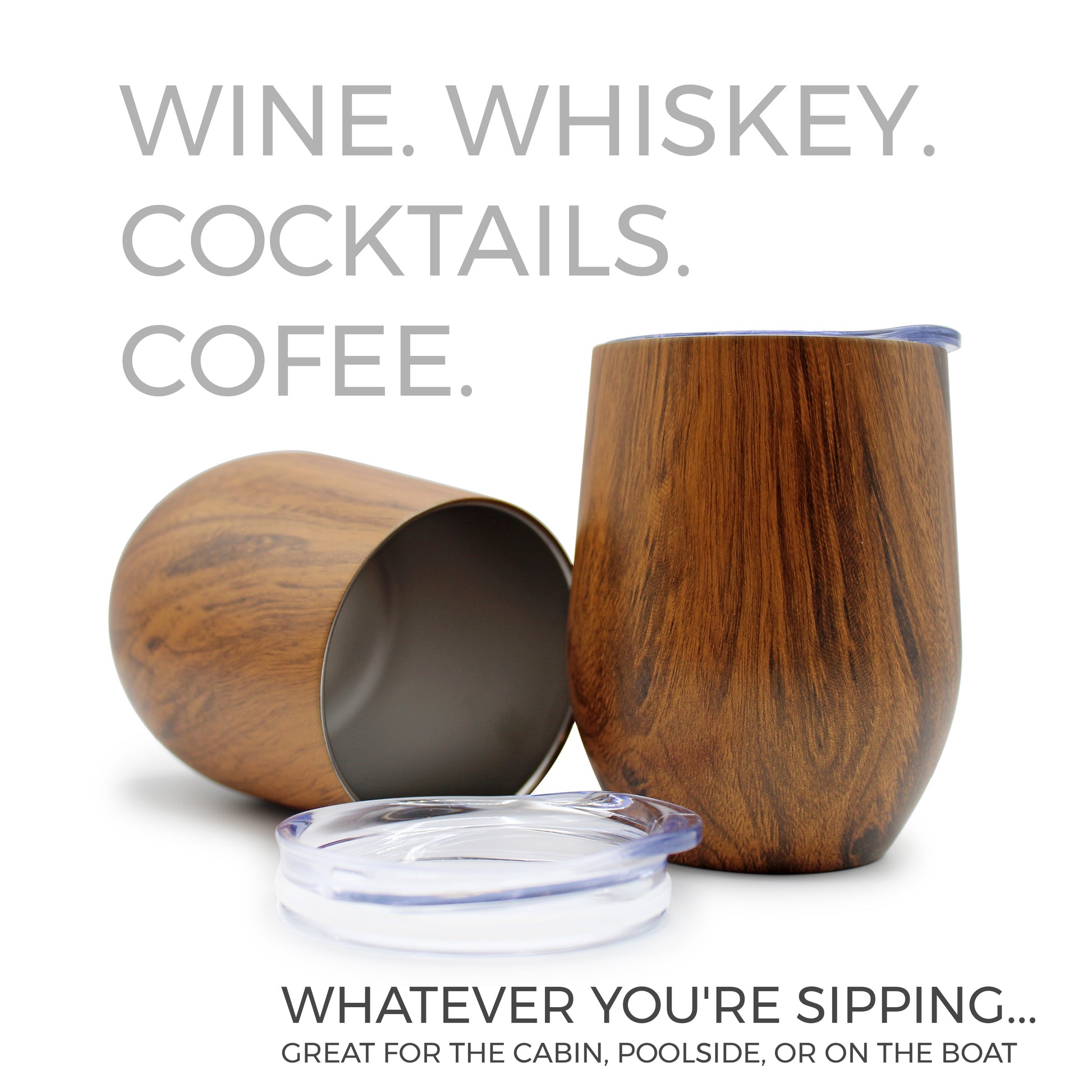 Double Wall Insulated Wine Tumblers with Lids, Set of 2, Wood